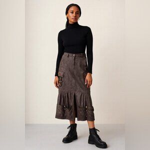 Art To Wear Brown Cargo Midi Skirt Size S Embellished Utility Boho Grunge